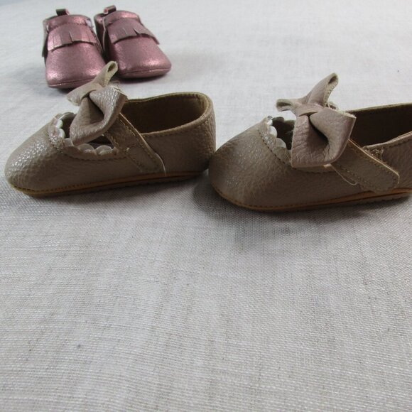 Lot of 2 Baby Girl Moccasins Pink Fringe & Tan Bow Soft Sole Crib Shoes Size 0-3 - Picture 7 of 11